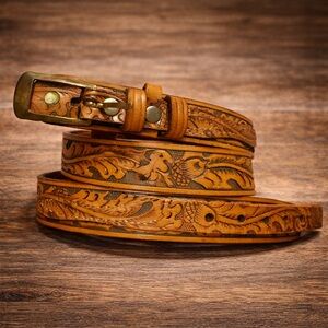 Vintage Tooled Leather Western Belt Size 38 Floral Engraved Brown Brass Buckle